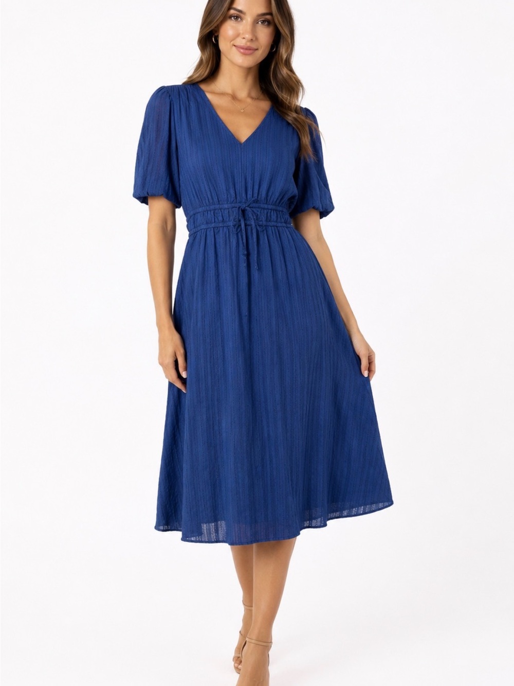 NWT Tahari ASL Blue Textured V-Neck Puff Sleeve Midi Dress XL